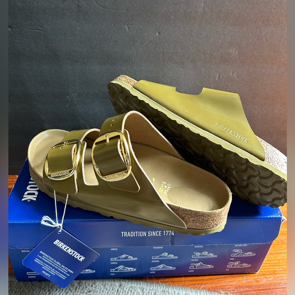 Birkenstock Arizona Big Buckle Sandals in Olive Green Gold Buckle